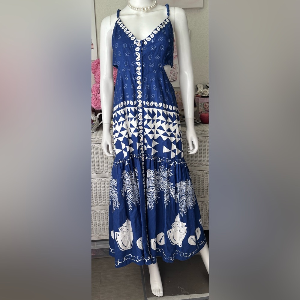 Farm Rio Ondina Linen blend Midi Dress with Cutout Waist in Blue & White Size M - Picture 2 of 13